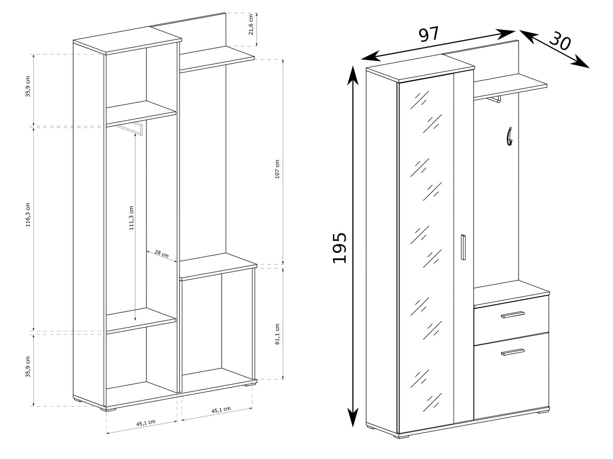 Garderoben-Set 97 cm mit Spiegel & Stauraum – Mit Haken, Schublade & Ablagen – Flurgarderobe, Wandgarderobe für Diele, Flur, Eingang & Vorzimmer – Garderobenschrank Nex
