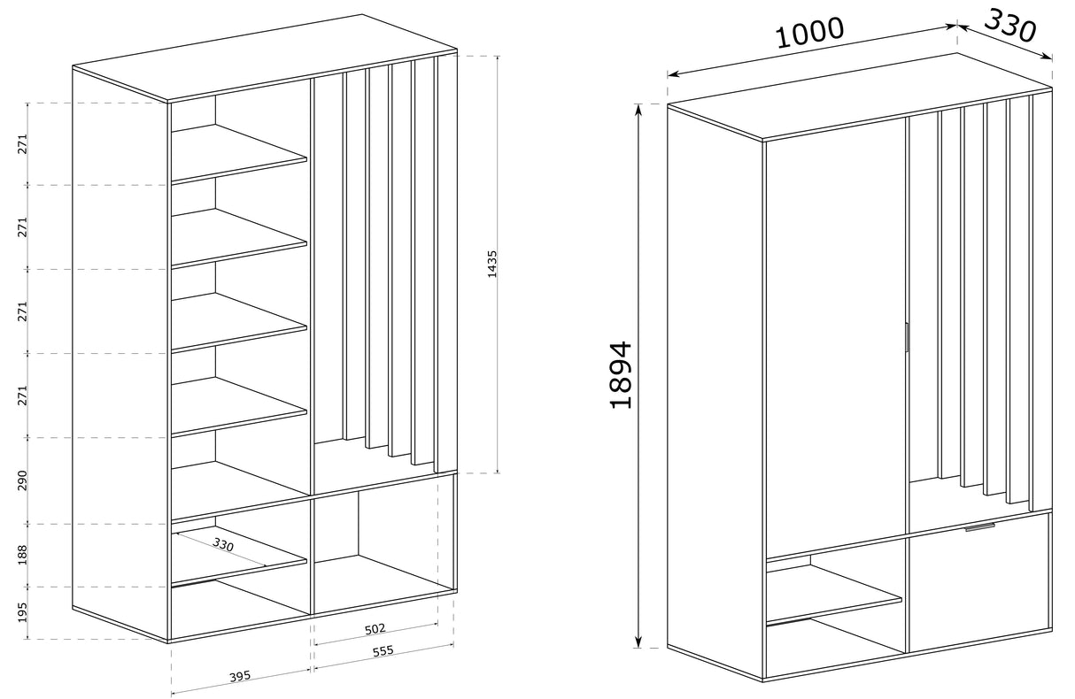 Garderoben-Set mit Spiegel & Sitzbank – Kompaktgarderobe 100 cm mit Kleiderstange, Schuhablage, Stauraum – Links oder Rechts – Flurgarderobe für Diele – Garderobenschrank Lena Uni