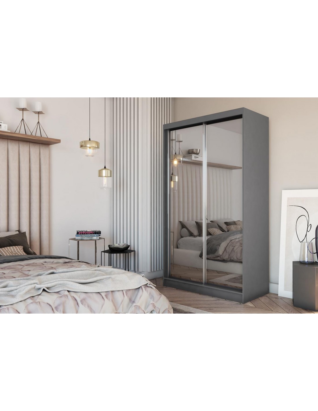 Moderner Kleiderschrank Schwebetürenschrank Weiß mit Spiegel 120 150 180  200 cm - Weiß Matt Kleiderschrank für Schlafzimmer