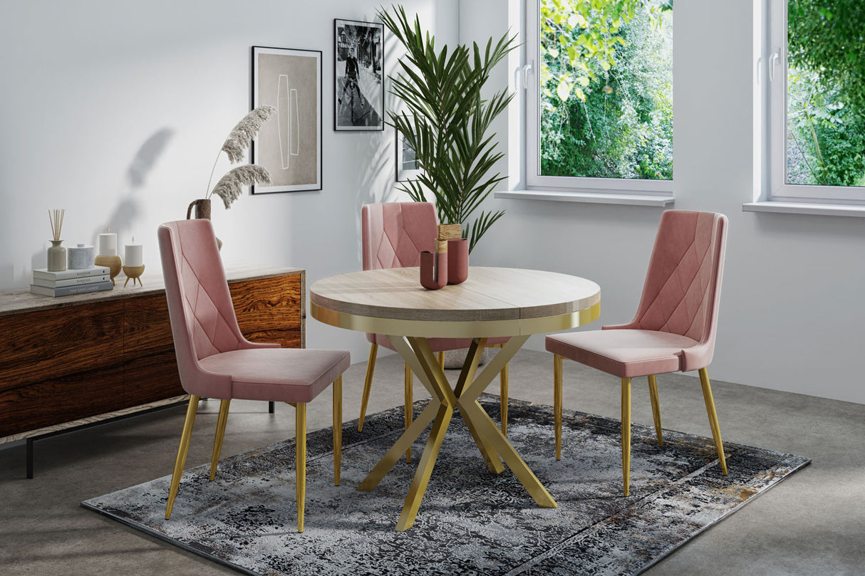 Runder Ausziehbarer Esstisch – Loft Style Tisch mit Goldenen Metallbeinen – 90 bis 170 cm – Industrieller Tisch für Wohnzimmer – Kompakt